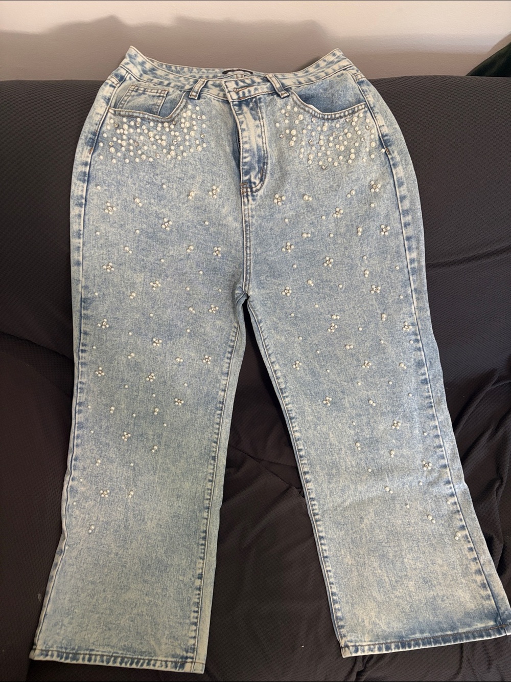 Light Blue Pearl-Embellished Straight Leg Jeans for Women